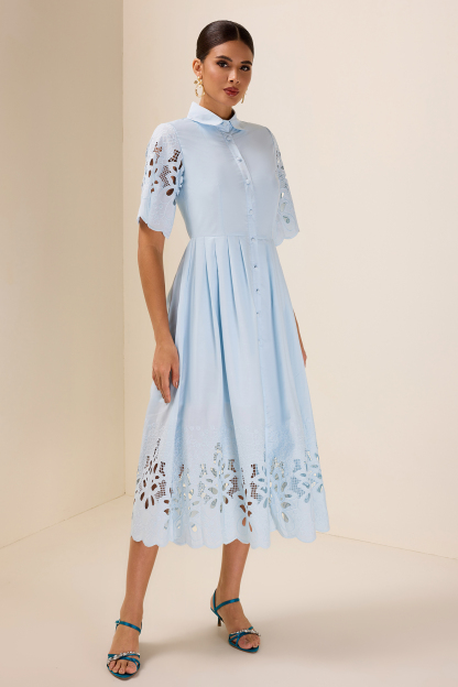 Embroidered Flapped Single Breasted Midi Dress