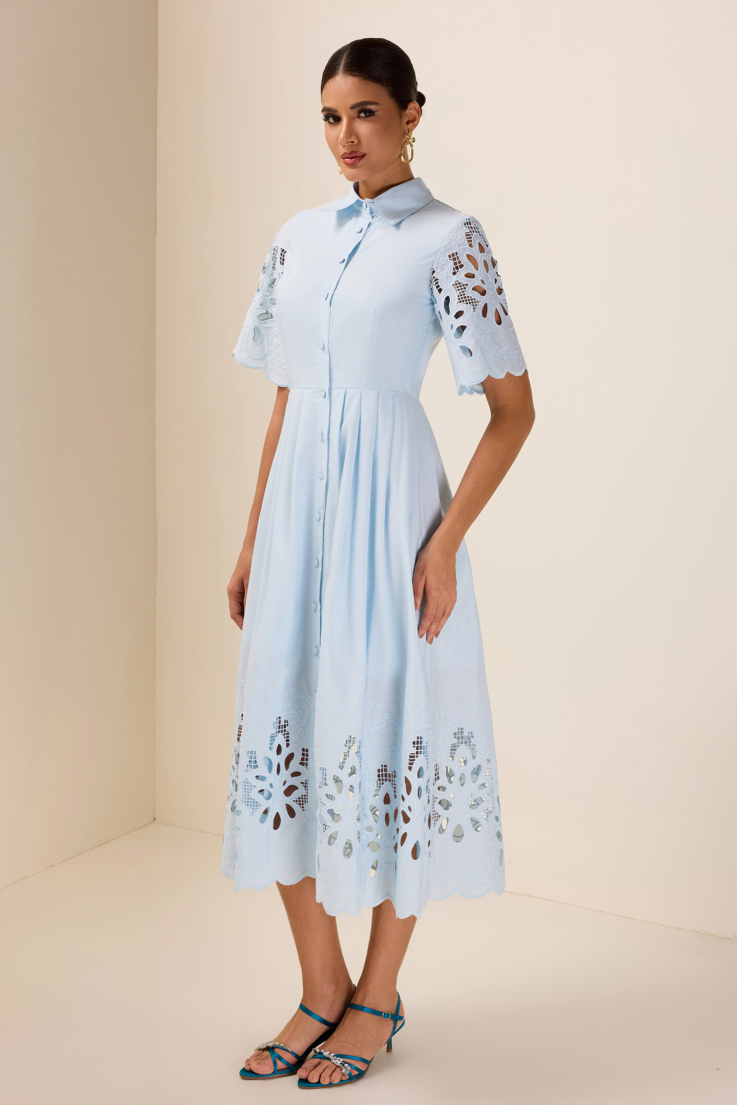 Embroidered Flapped Single Breasted Midi Dress