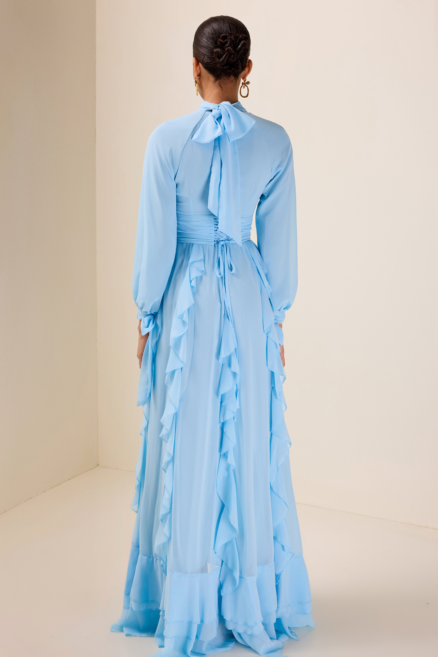 Solid Stand Collar Long Sleeve Frill Maxi Dress