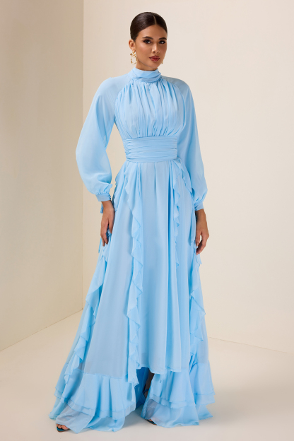 Solid Stand Collar Long Sleeve Frill Maxi Dress