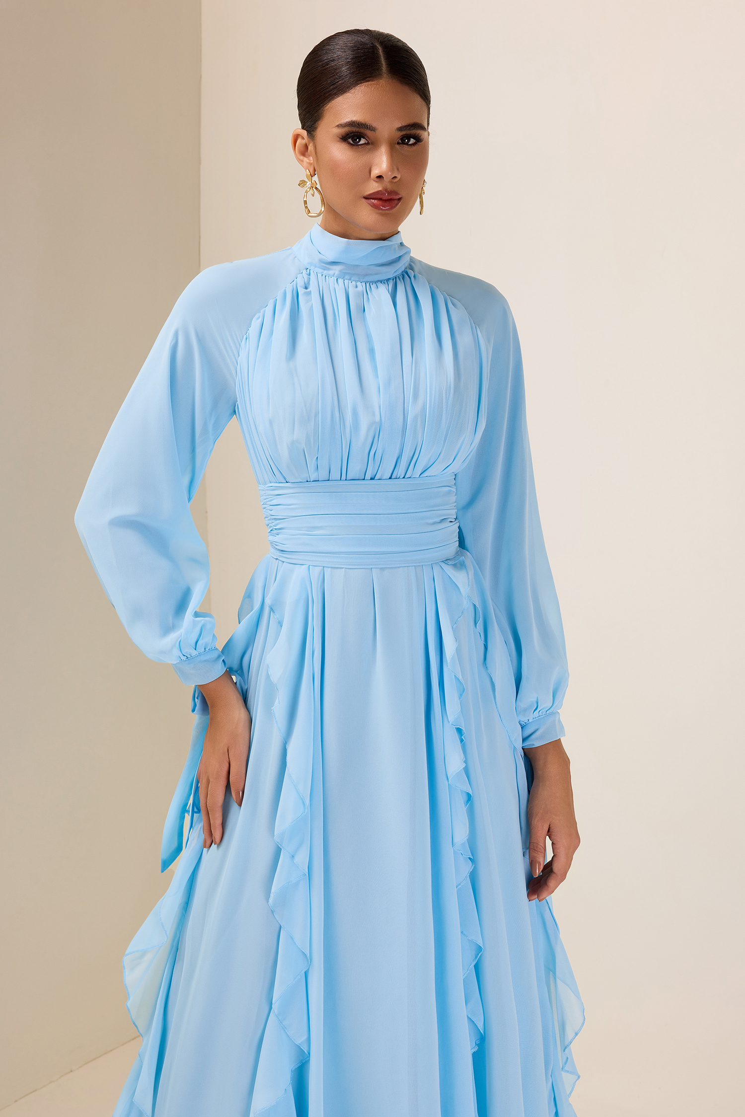Solid Stand Collar Long Sleeve Frill Maxi Dress