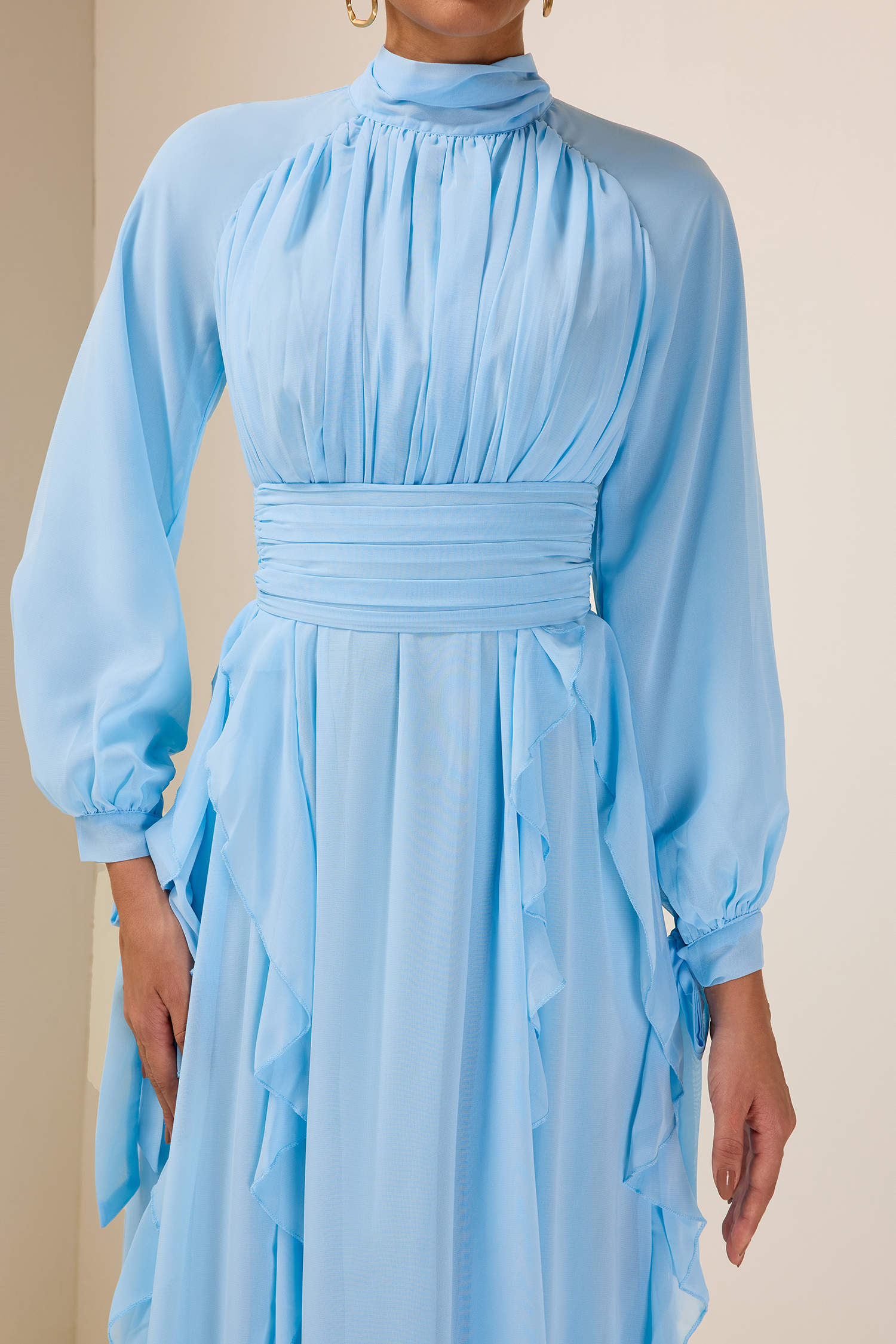 Solid Stand Collar Long Sleeve Frill Maxi Dress