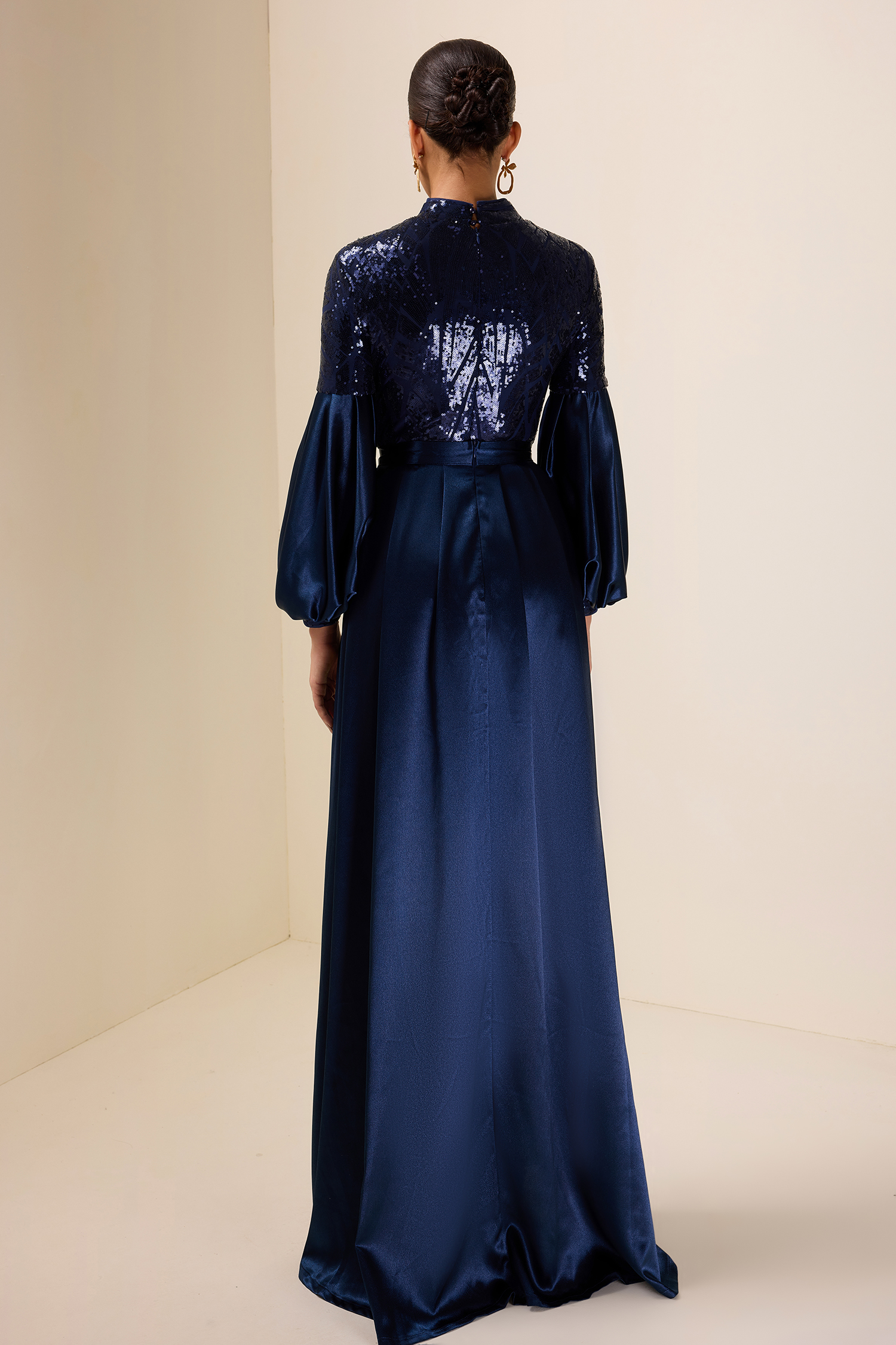 Satin Sequin Lantern Sleeve Maxi Dress