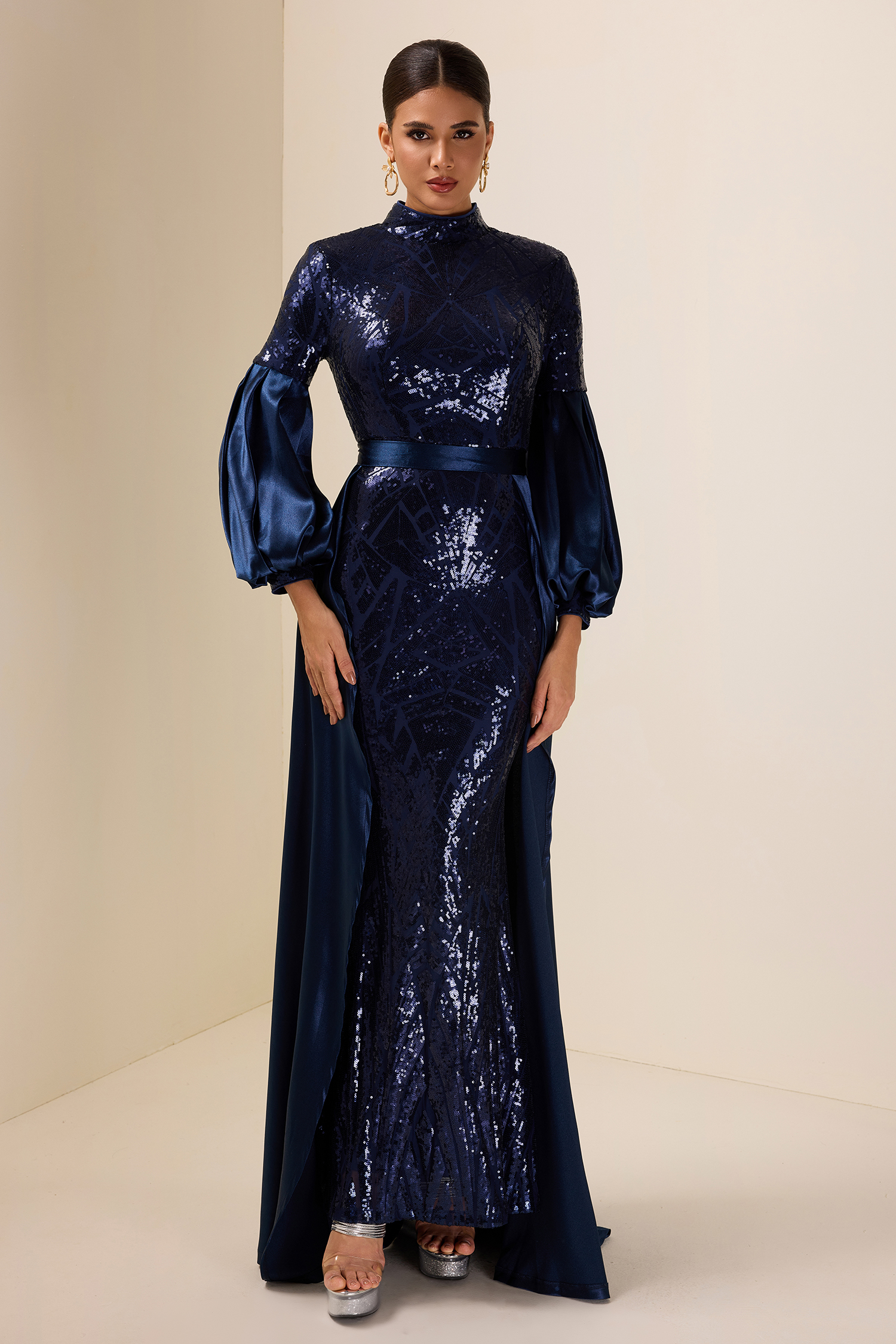 Satin Sequin Lantern Sleeve Maxi Dress