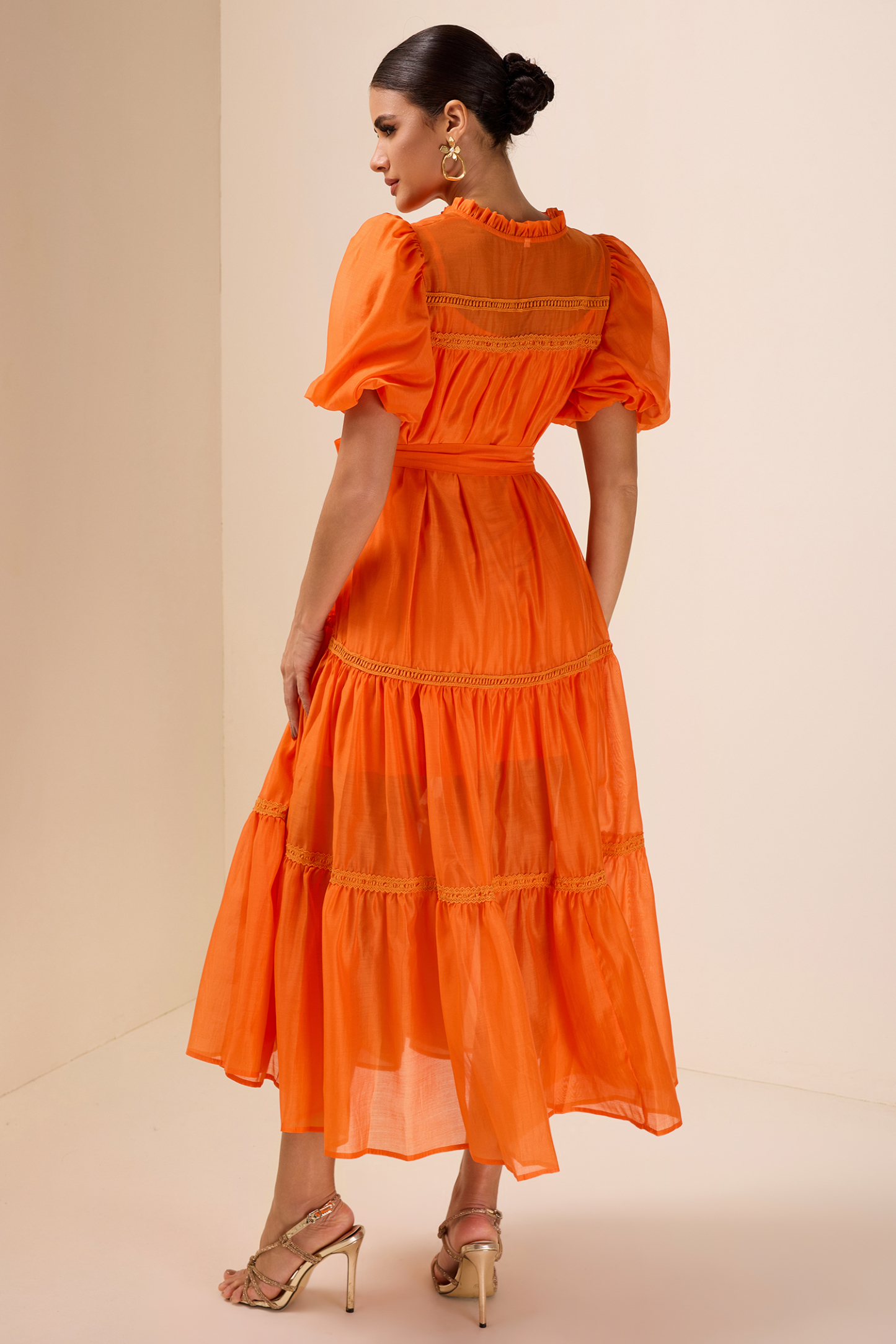 Lace Puff Sleeve Frill Midi Dress With Belt