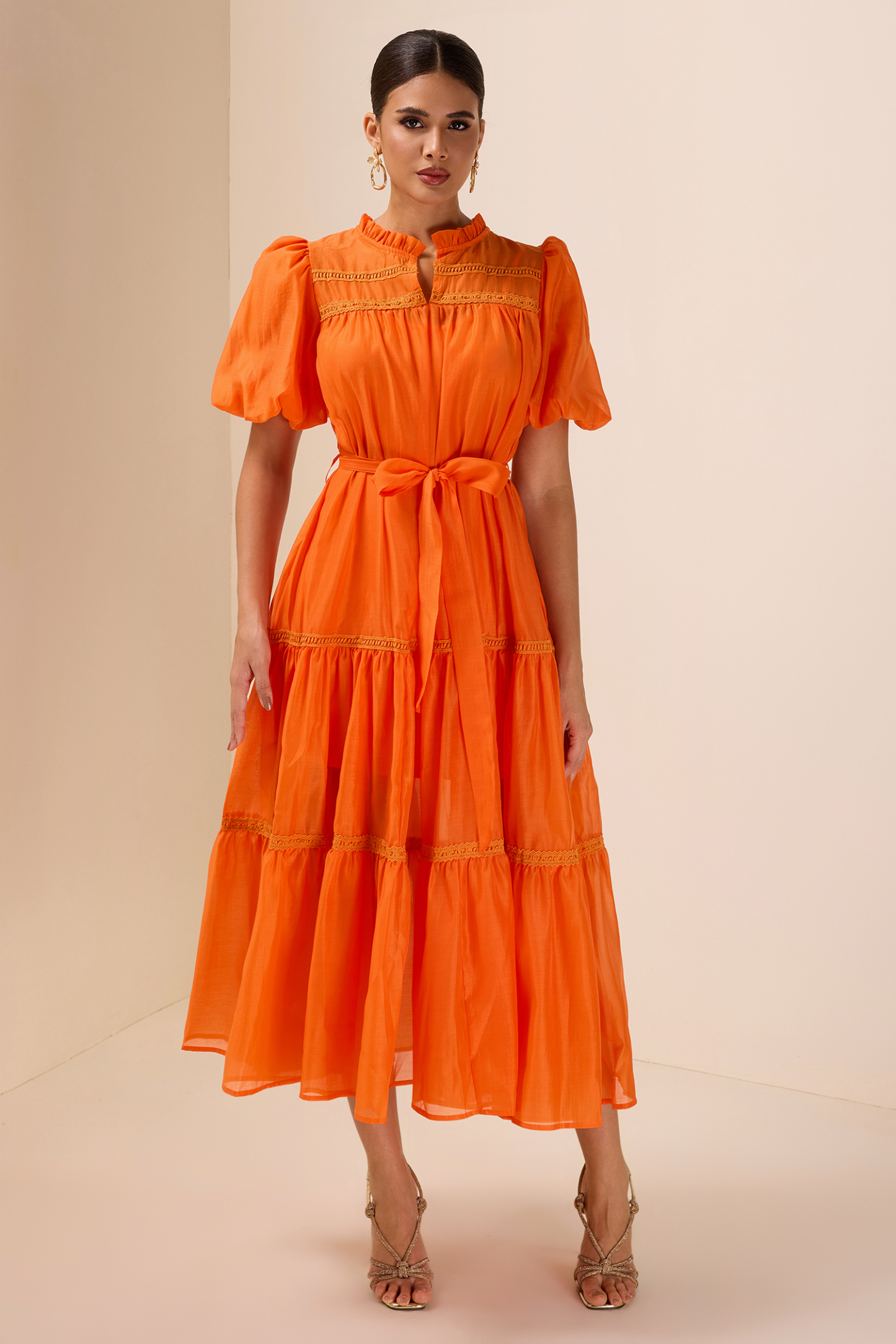 Lace Puff Sleeve Frill Midi Dress With Belt