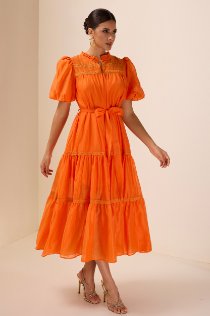 Lace Puff Sleeve Frill Midi Dress With Belt