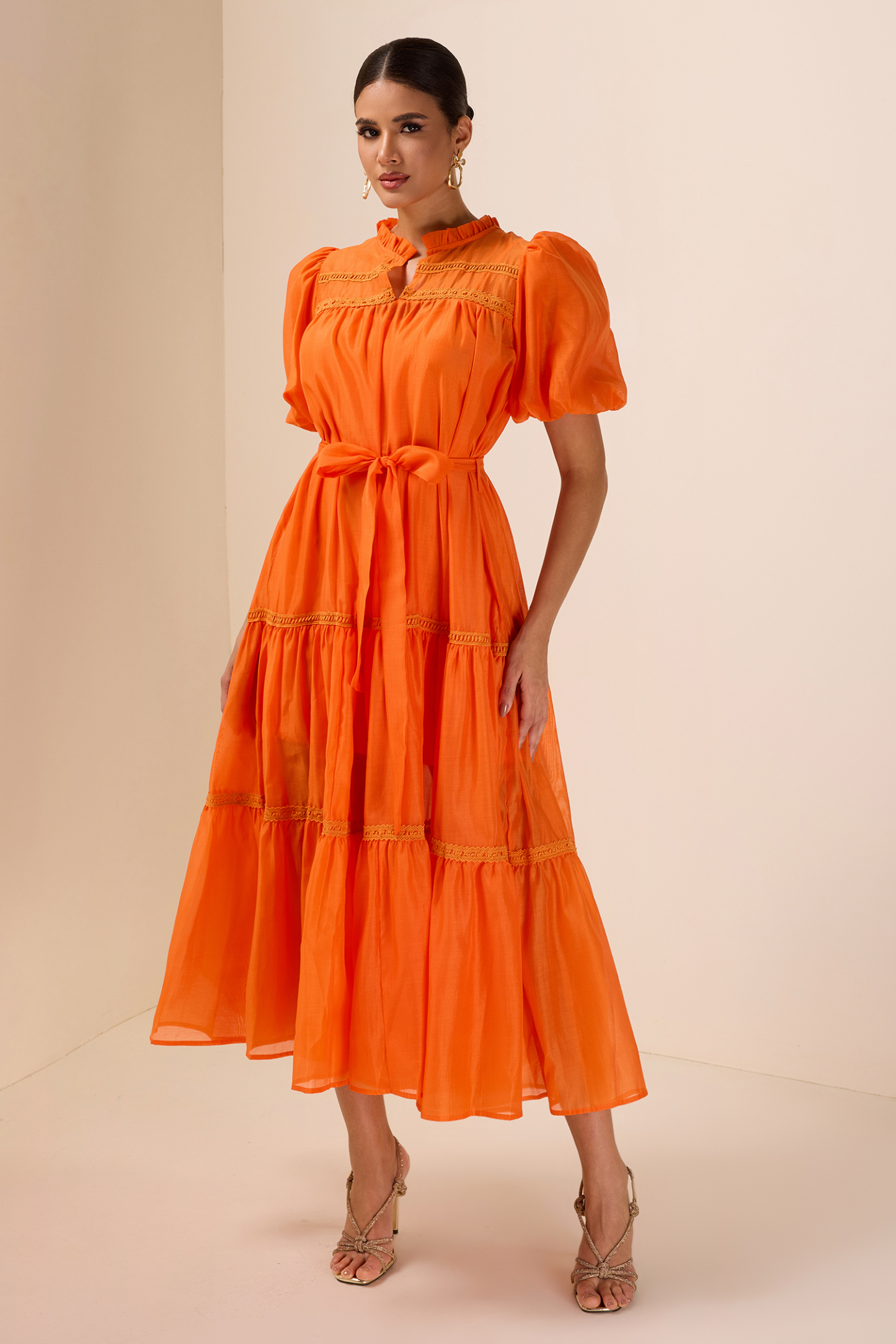 Lace Puff Sleeve Frill Midi Dress With Belt