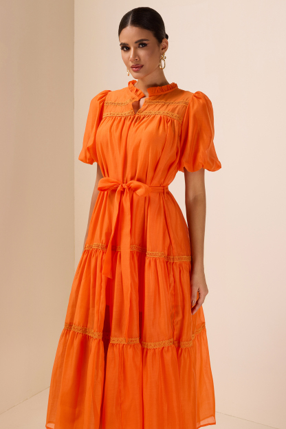 Lace Puff Sleeve Frill Midi Dress With Belt