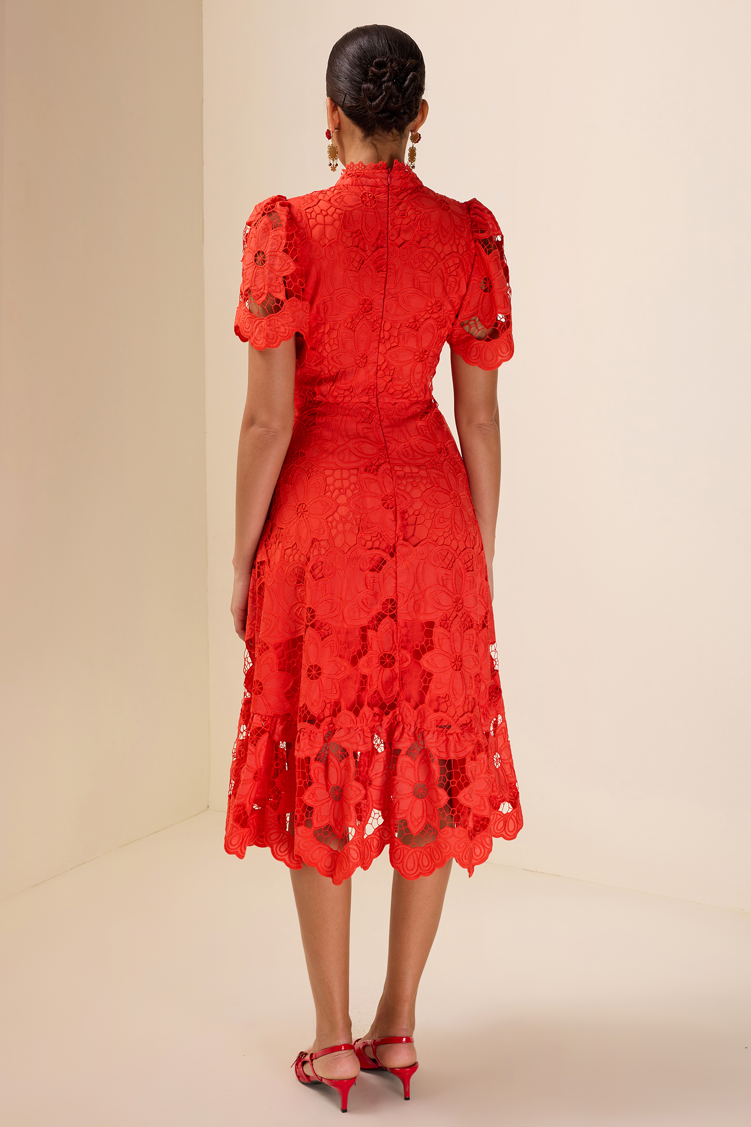 Lace Embroidered Stand Collar Midi Dress