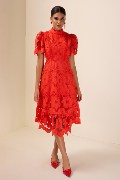 Lace Embroidered Stand Collar Midi Dress