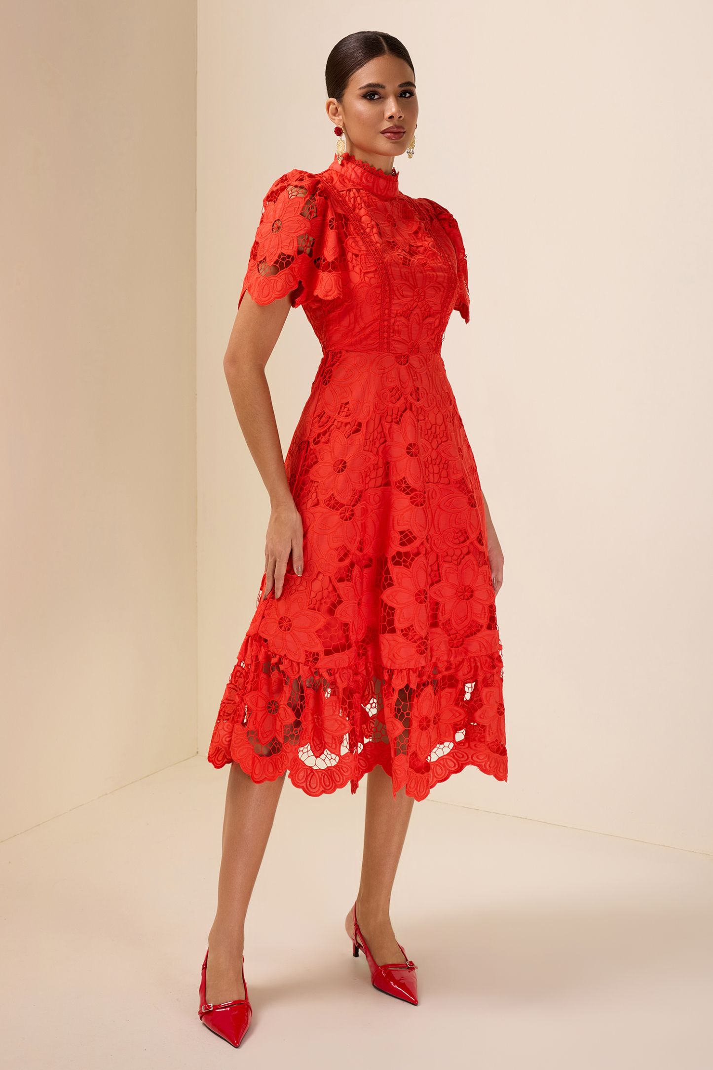 Lace Embroidered Stand Collar Midi Dress