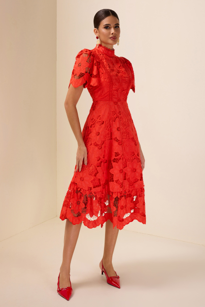 Lace Embroidered Stand Collar Midi Dress