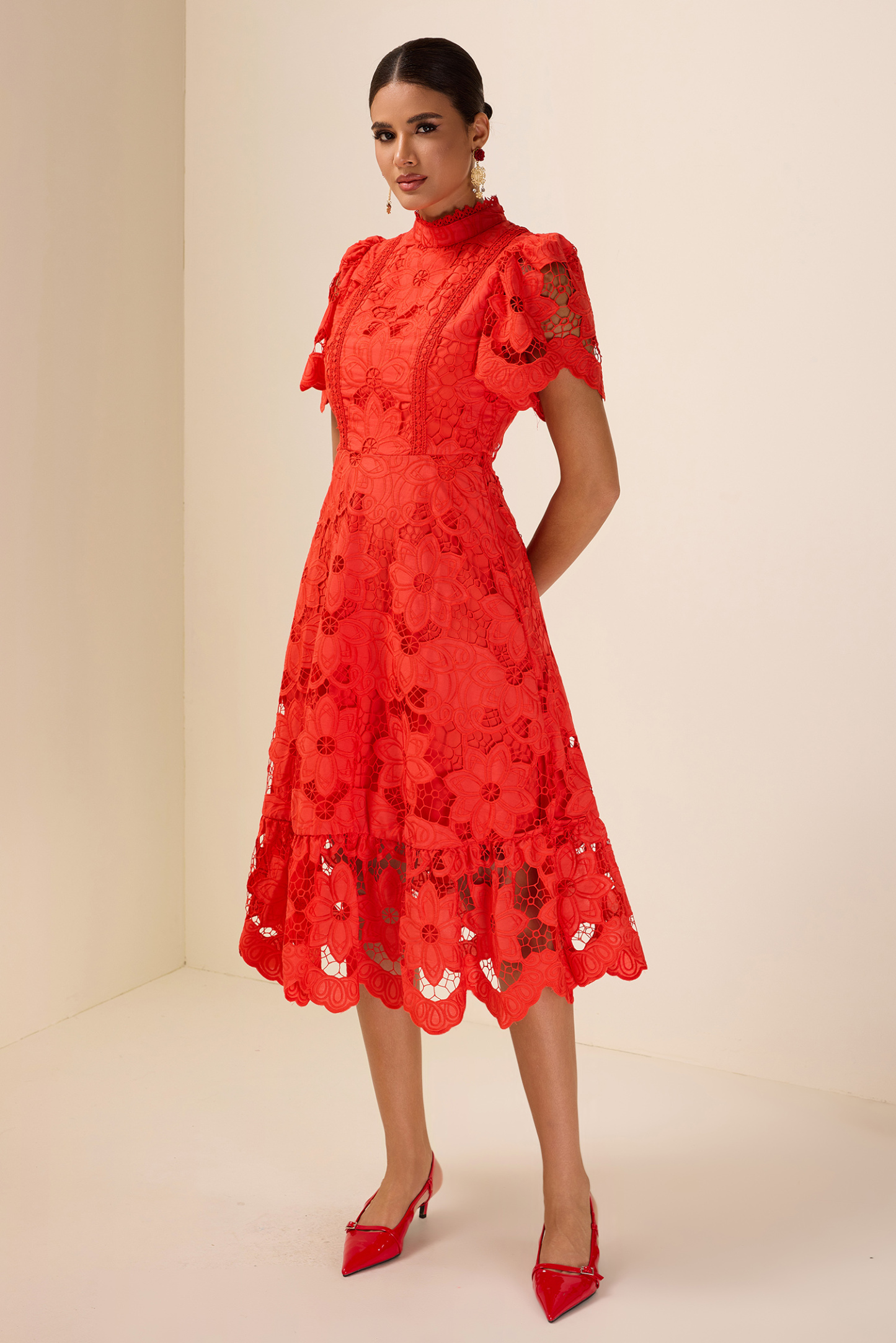 Lace Embroidered Stand Collar Midi Dress