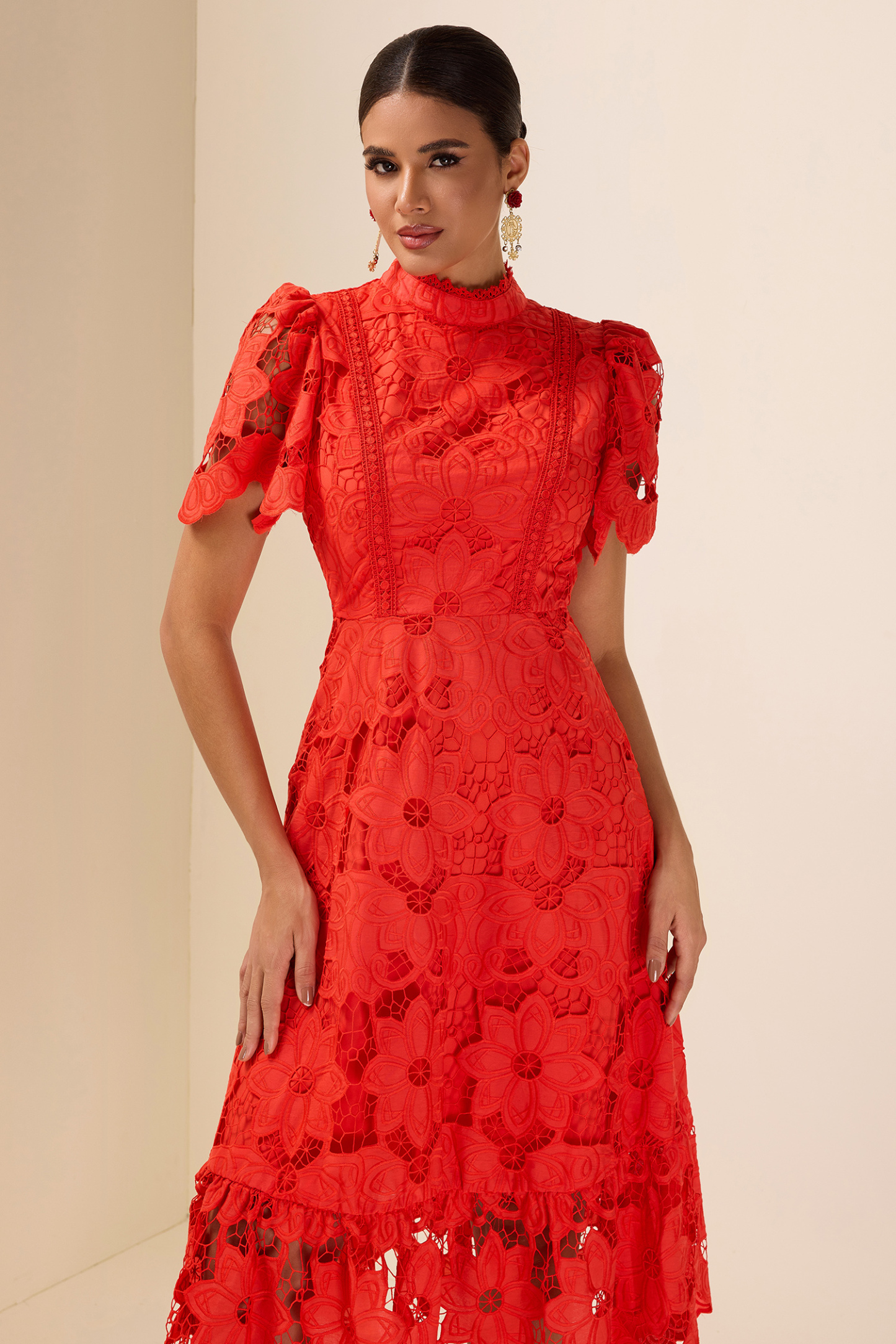 Lace Embroidered Stand Collar Midi Dress