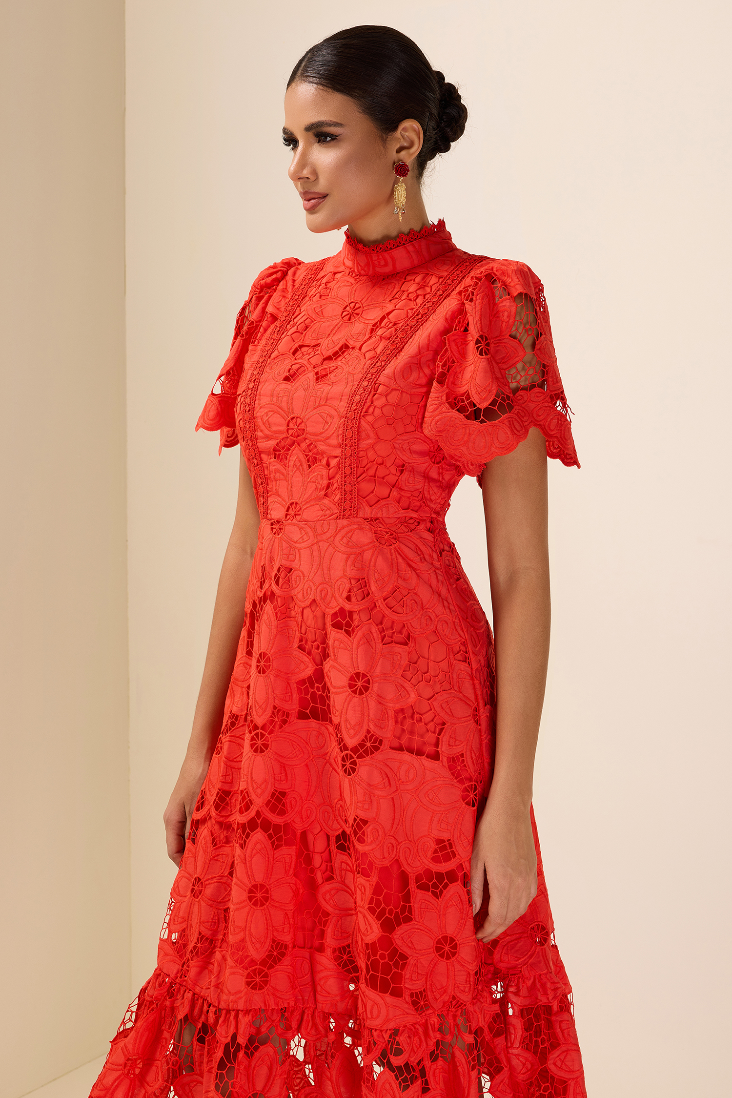 Lace Embroidered Stand Collar Midi Dress