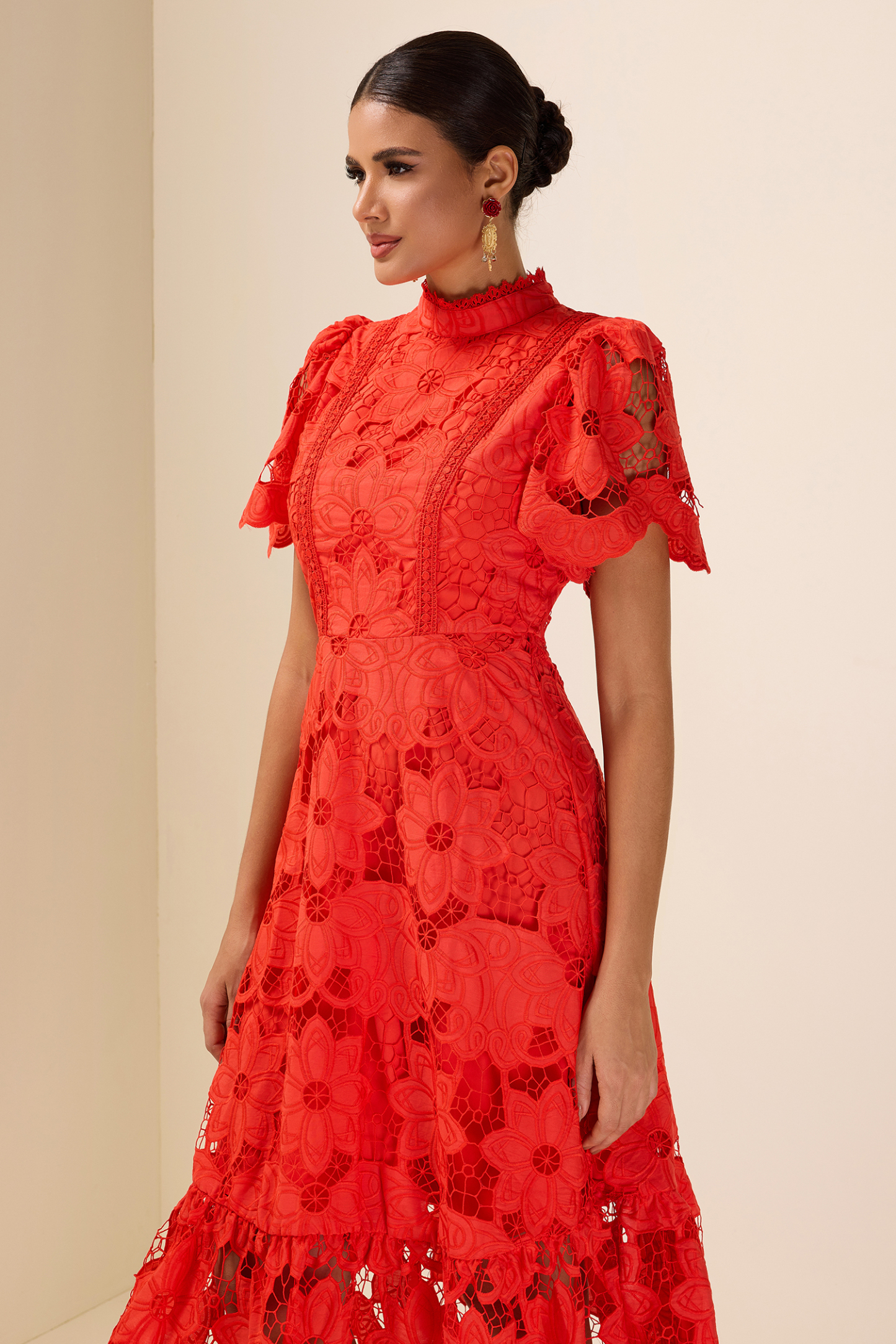 Lace Embroidered Stand Collar Midi Dress