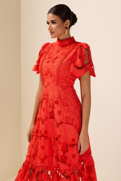 Lace Embroidered Stand Collar Midi Dress