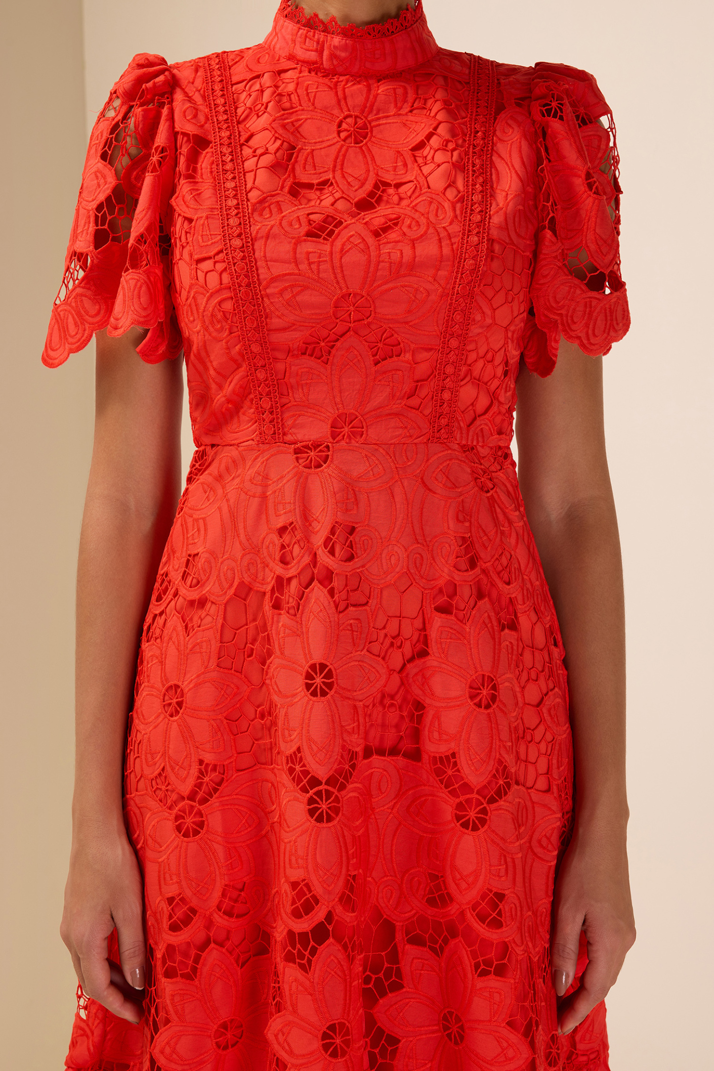Lace Embroidered Stand Collar Midi Dress