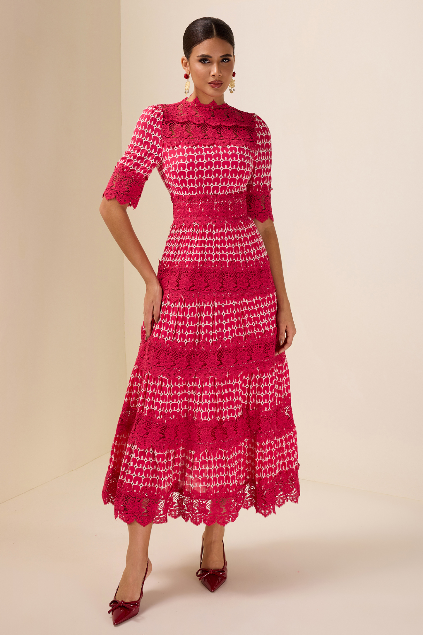 Lace Embroidery Short Sleeve Midi Dress