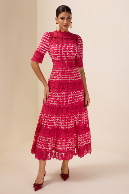 Lace Embroidery Short Sleeve Midi Dress