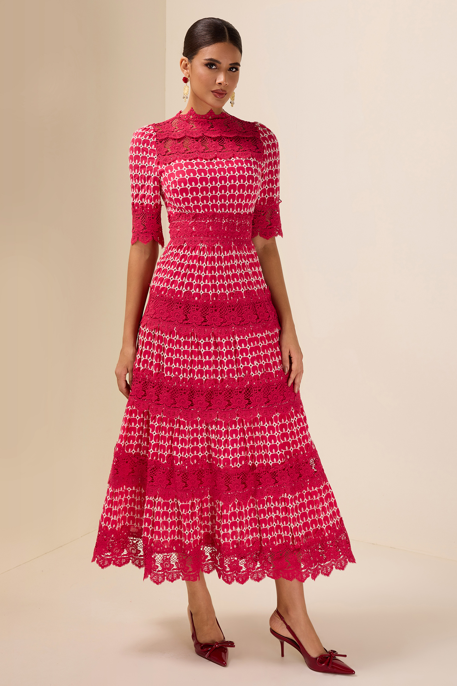 Lace Embroidery Short Sleeve Midi Dress