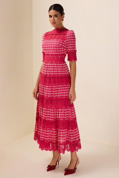 Lace Embroidery Short Sleeve Midi Dress