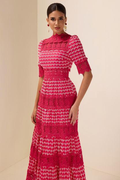 Lace Embroidery Short Sleeve Midi Dress