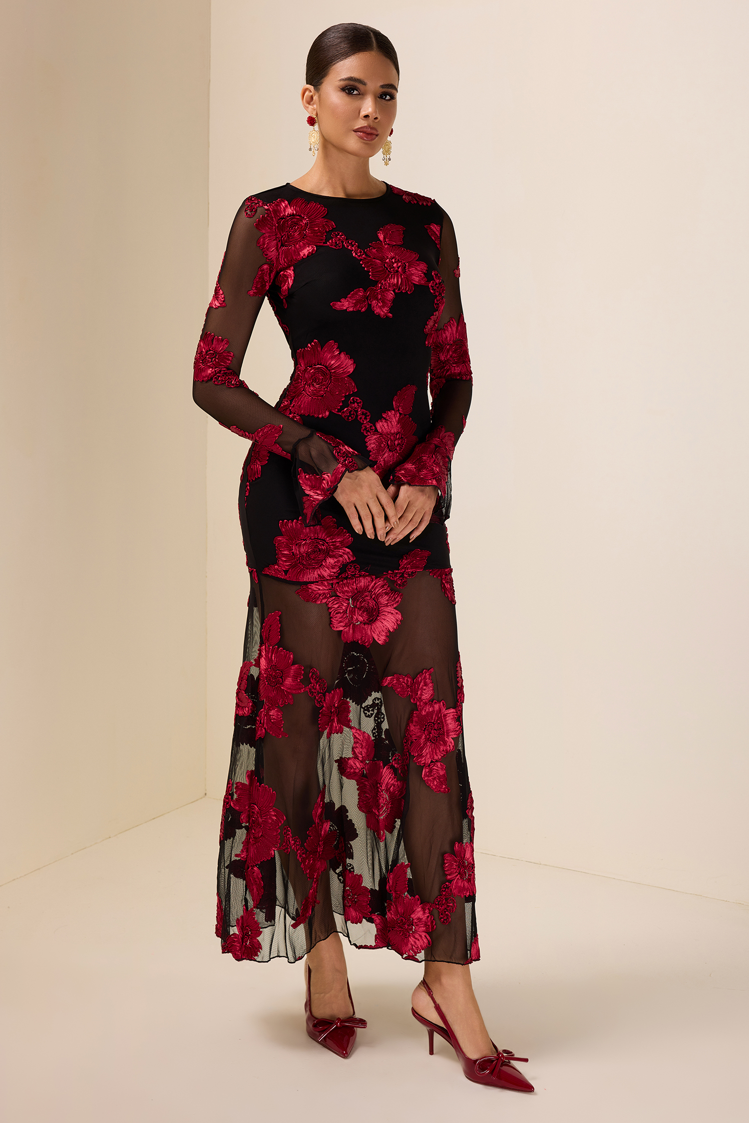 Embroidered Bell Sleeve Backless Midi Dress