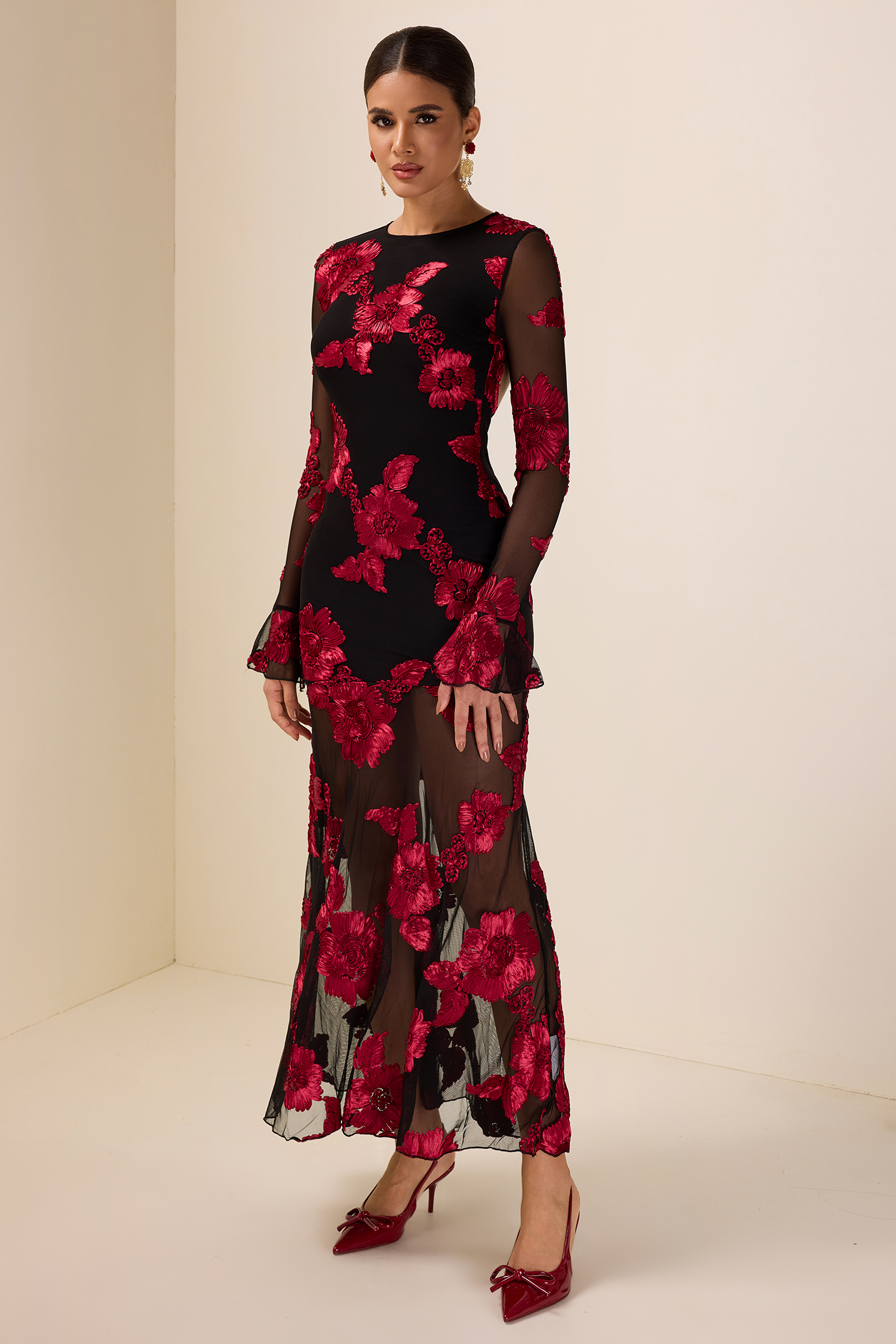 Embroidered Bell Sleeve Backless Midi Dress