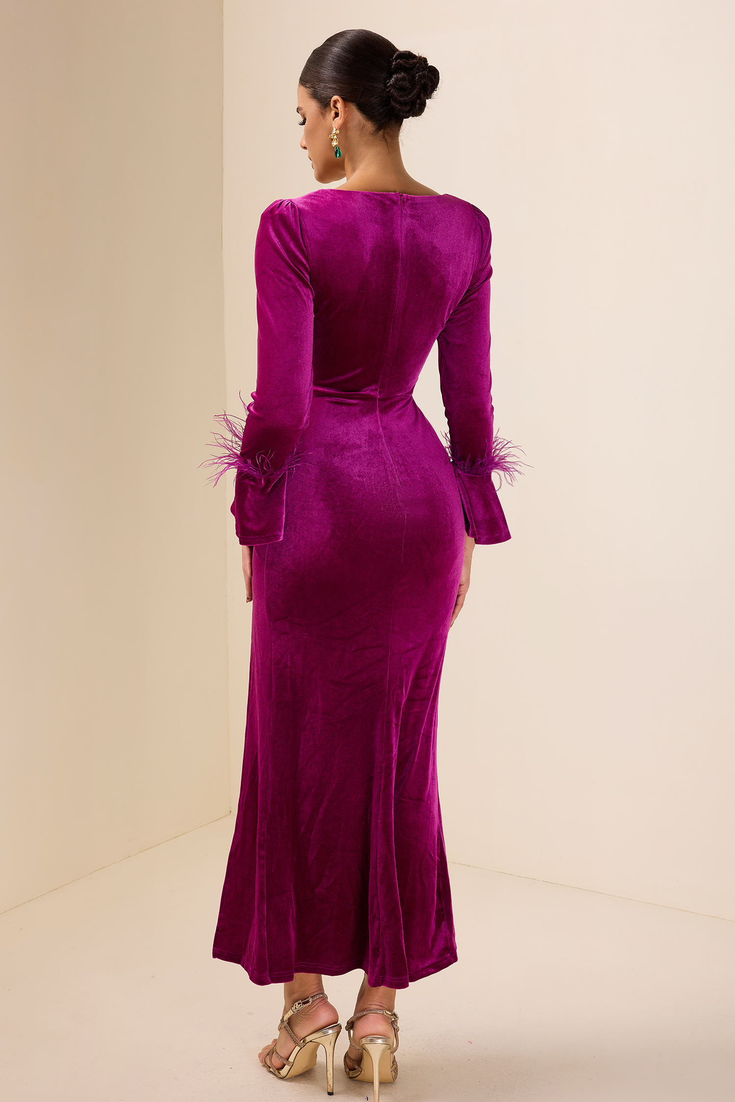 Velvet Feather V-Neck Midi Dress