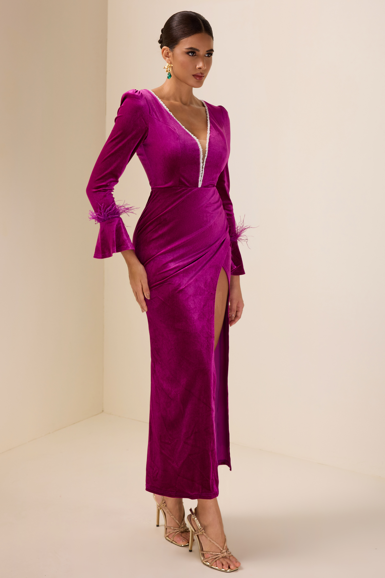 Velvet Feather V-Neck Midi Dress