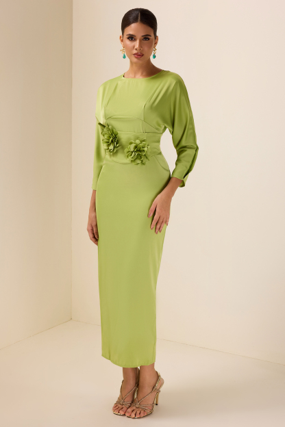 Satin Bell Sleeve Solid Midi Dress With Belt