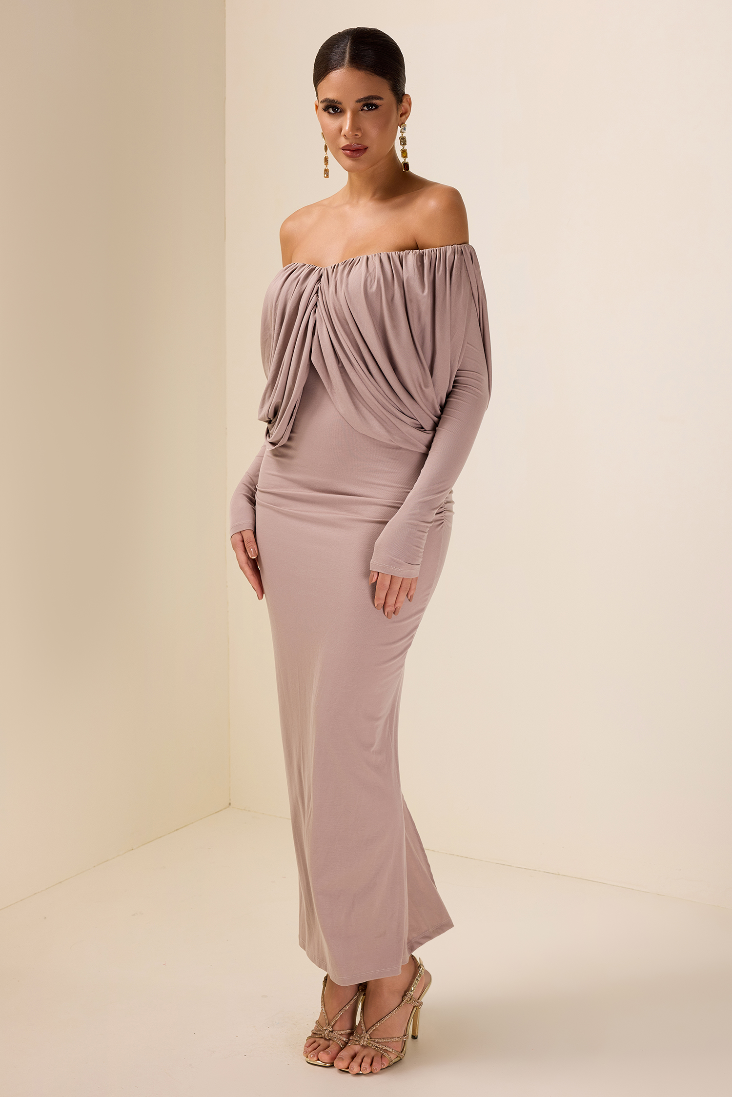 Jersey Gathering Long Sleeve Midi Dress