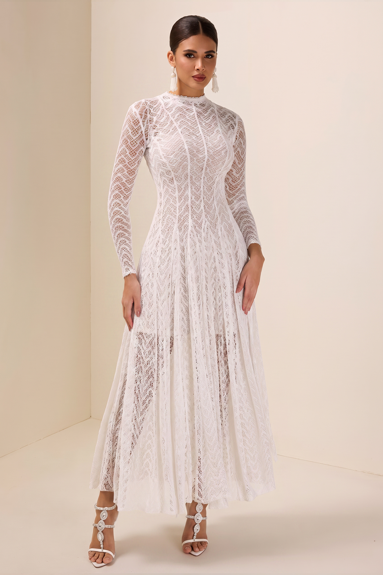 Solid Long Sleeve Lace Maxi Dress