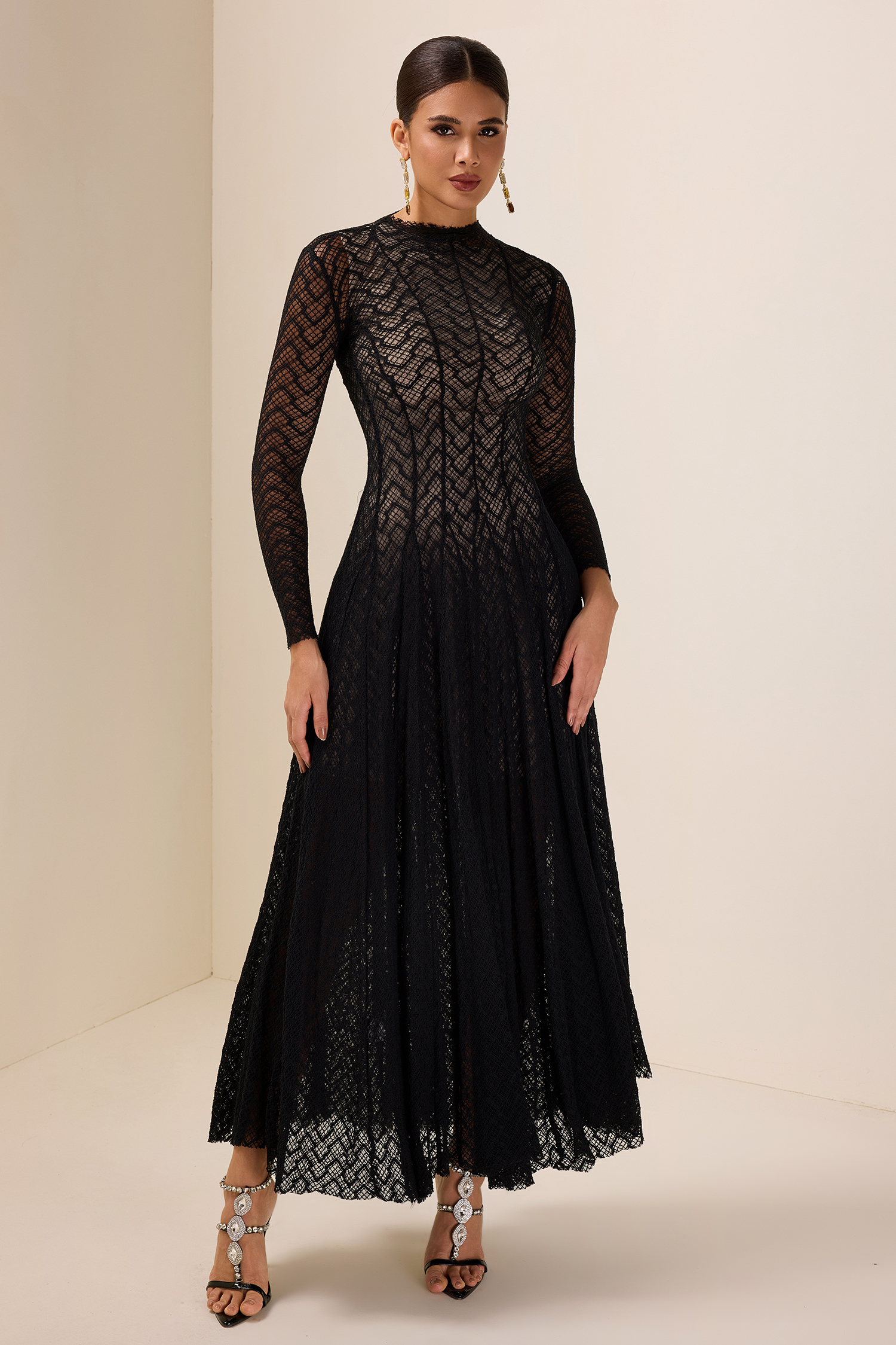 Solid Long Sleeve Lace Maxi Dress