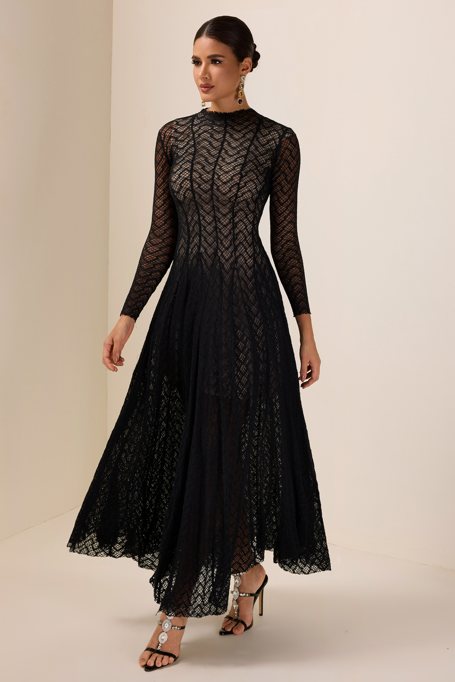Solid Long Sleeve Lace Maxi Dress