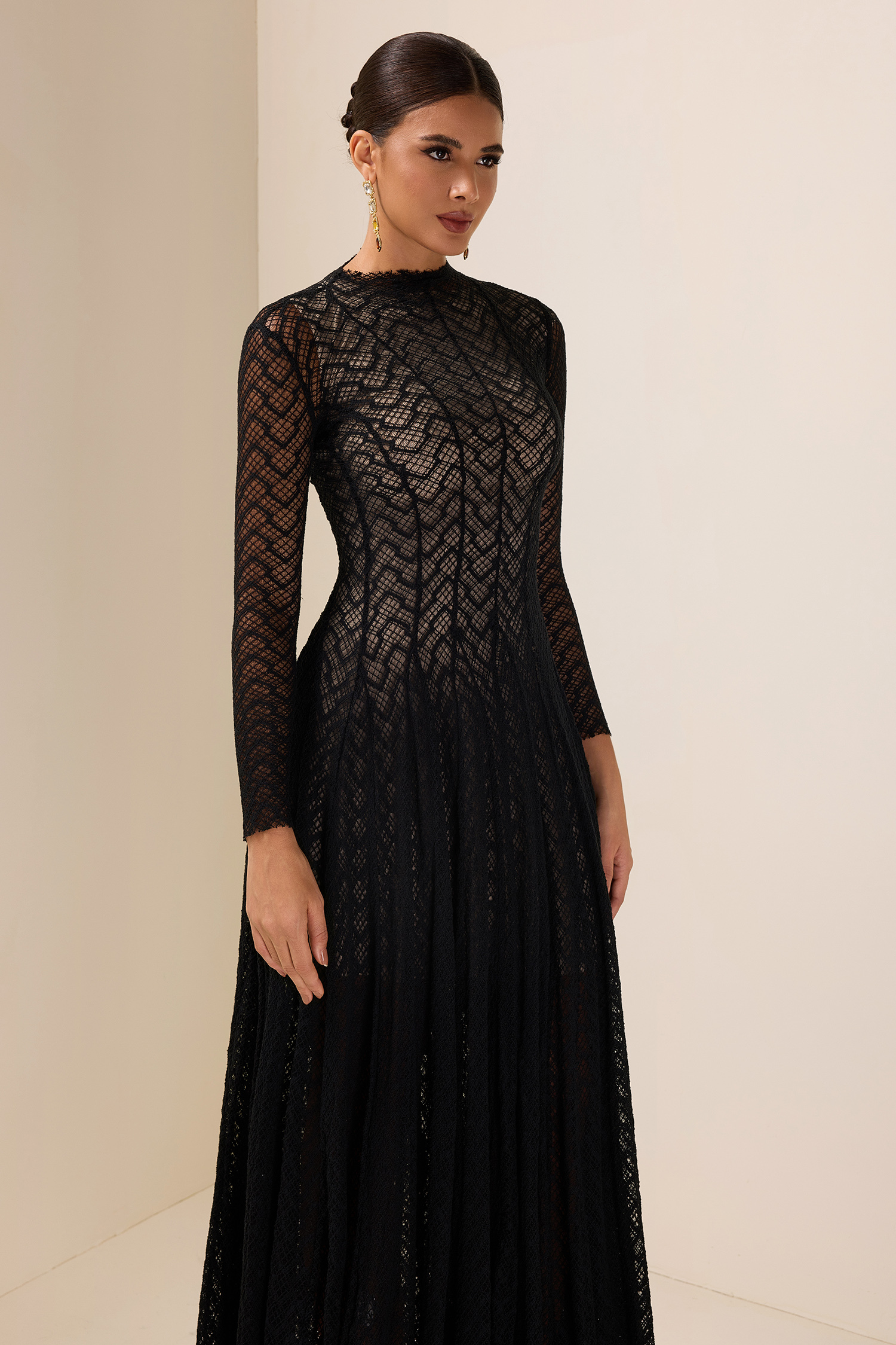 Solid Long Sleeve Lace Maxi Dress