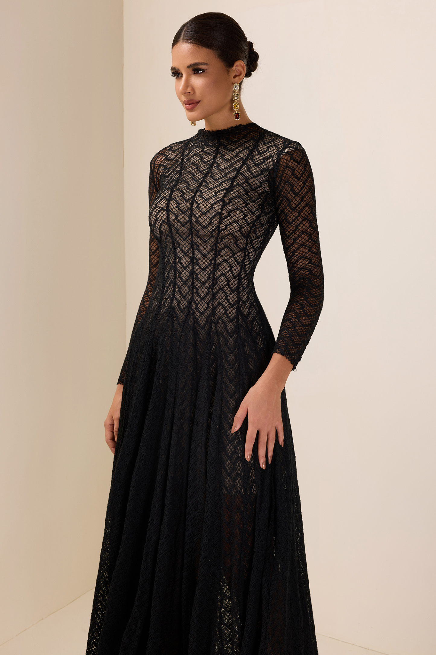 Solid Long Sleeve Lace Maxi Dress