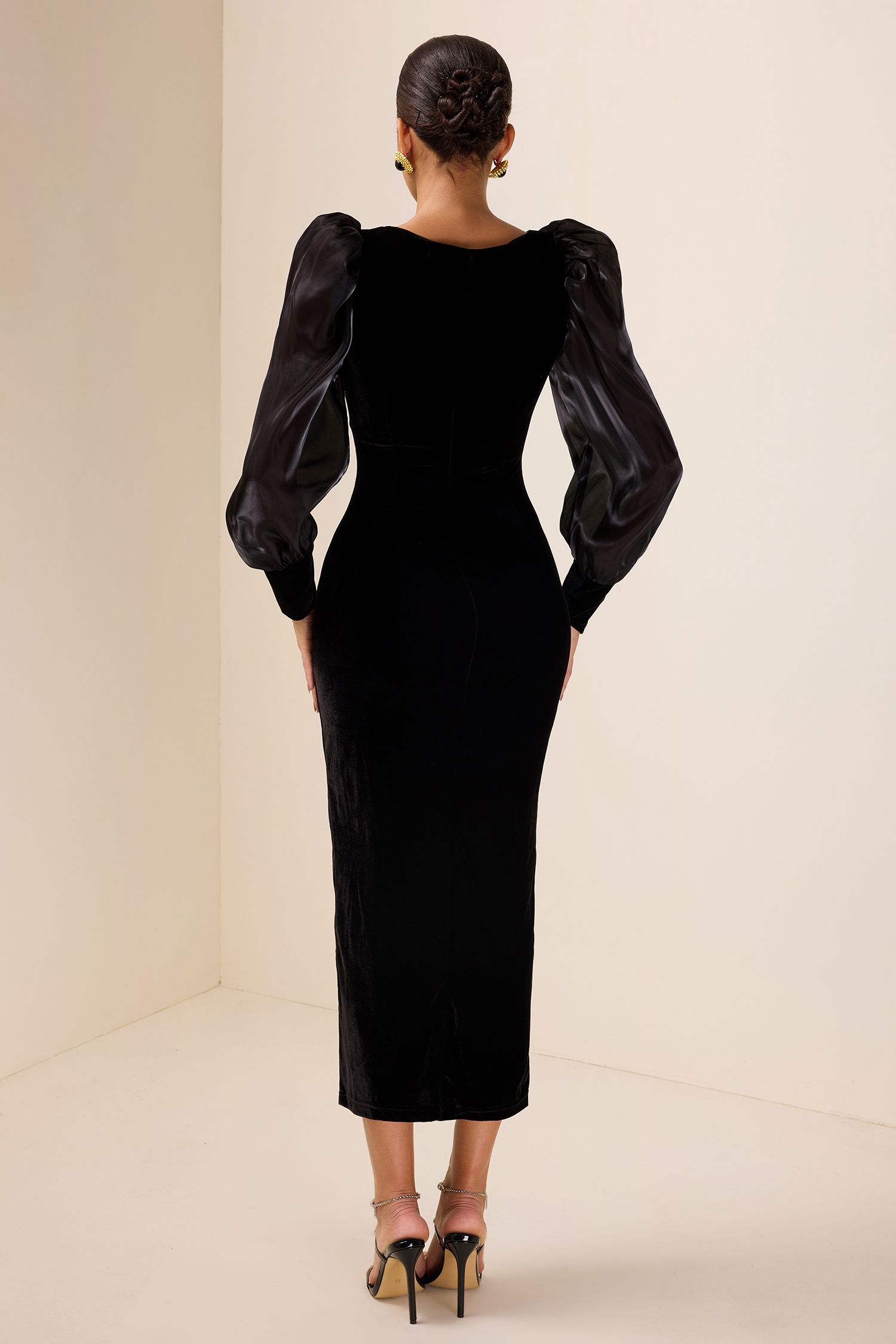 Solid Velvet Puff-Sleeve Midi Dress
