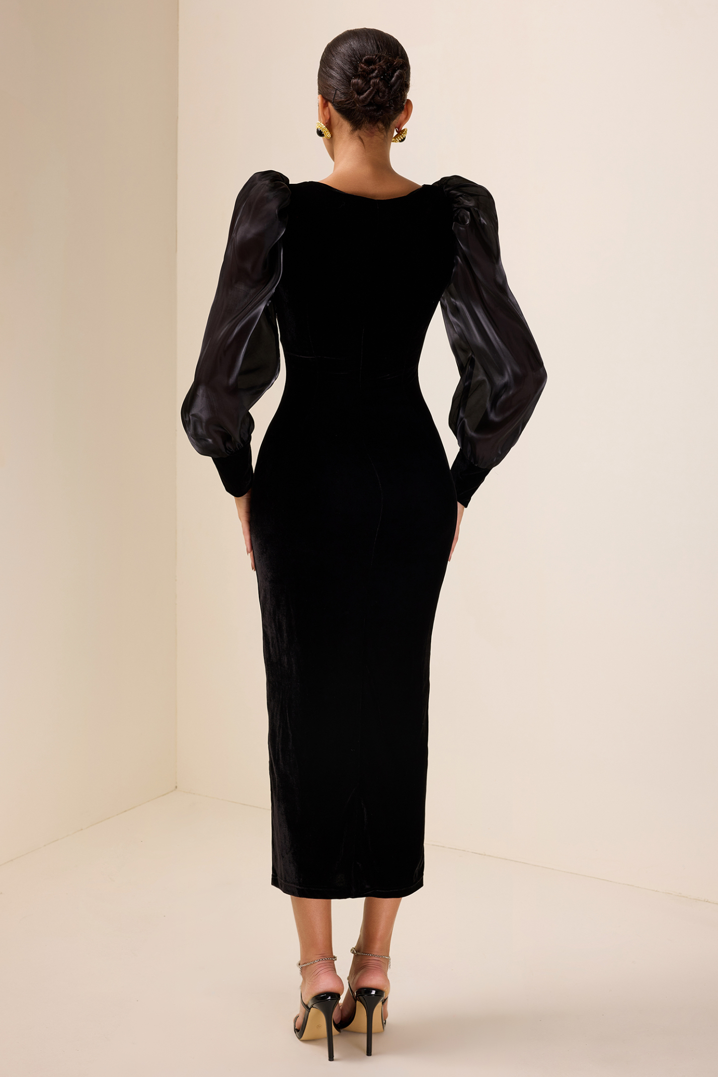 Solid Velvet Puff-Sleeve Midi Dress