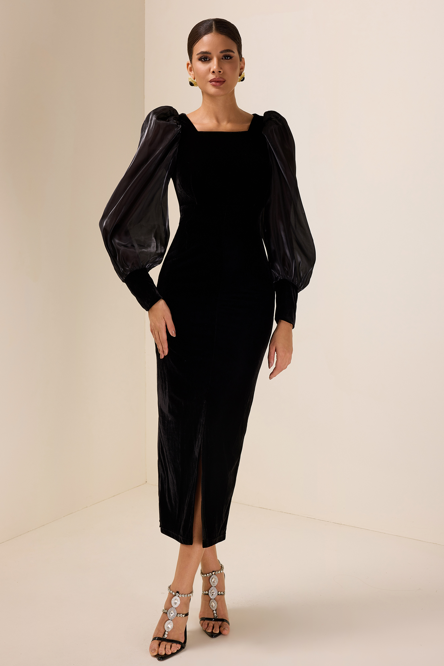 Solid Velvet Puff-Sleeve Midi Dress