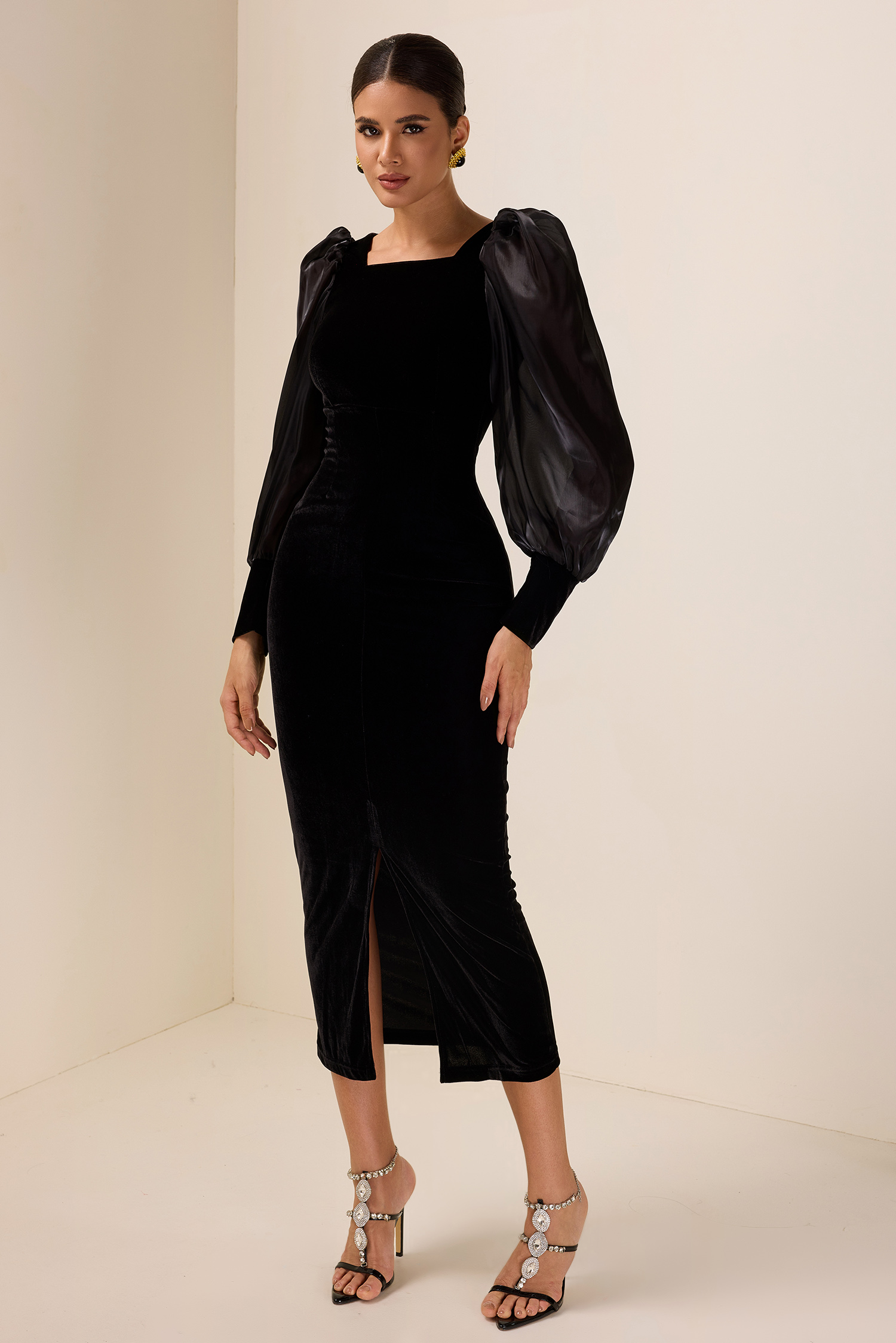 Solid Velvet Puff-Sleeve Midi Dress
