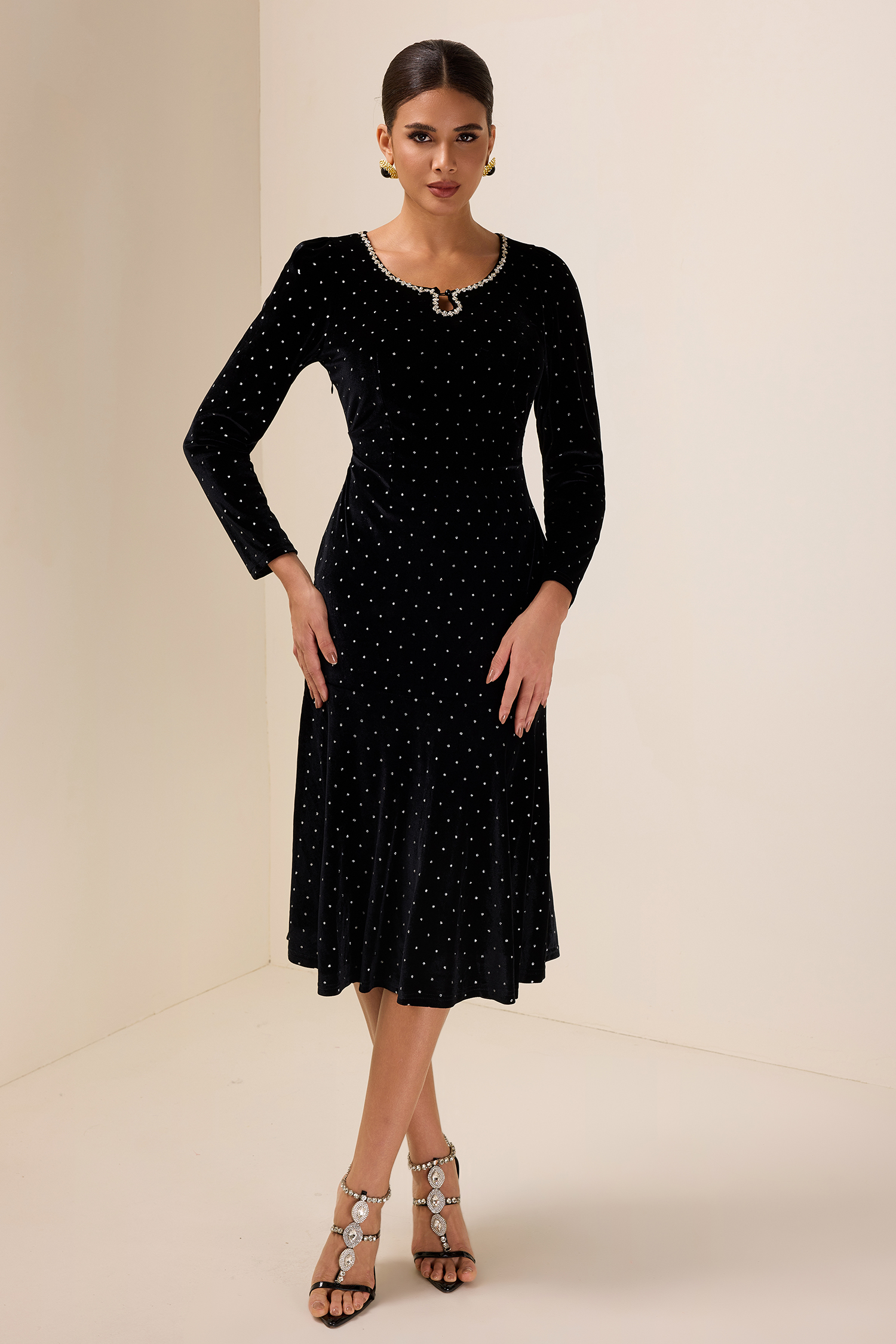 Solid Velvet Rhinestone Midi Dress