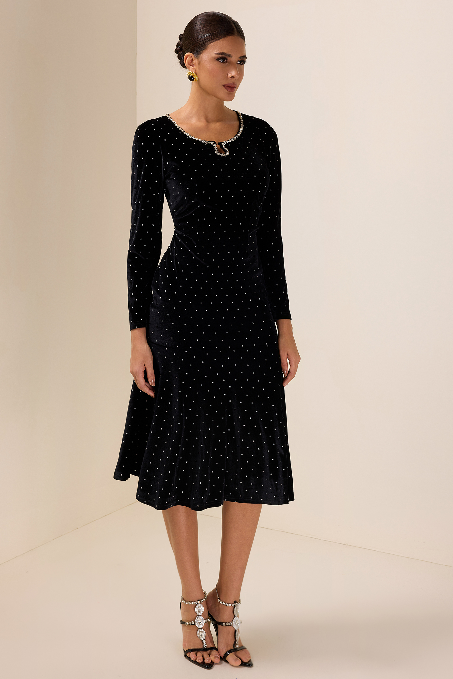 Solid Velvet Rhinestone Midi Dress