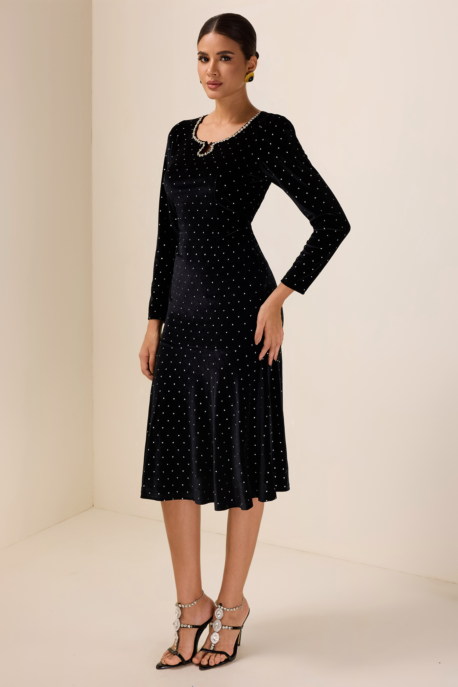 Solid Velvet Rhinestone Midi Dress