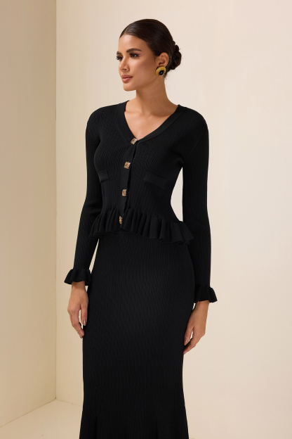 Solid Metal Button Top ＆ High Waist Knit Midi Skirt Set