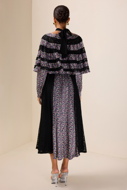 Floral Lace Cape Sleeve Midi Dress