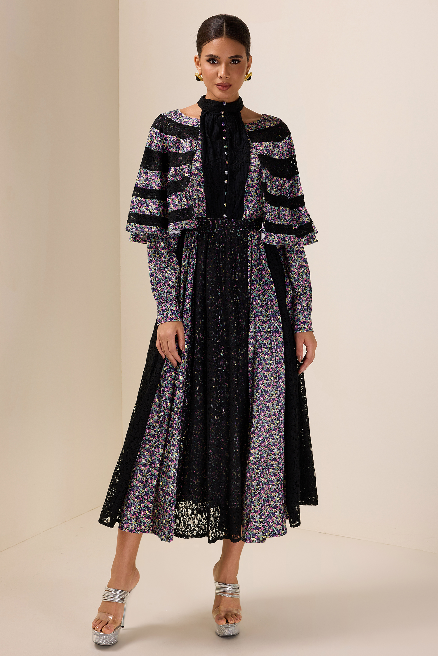 Floral Lace Cape Sleeve Midi Dress