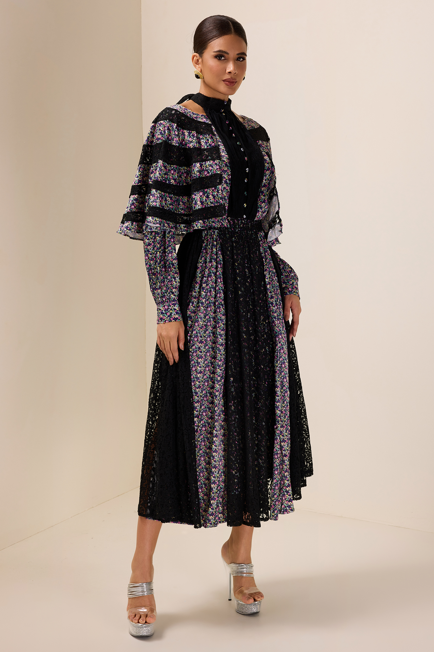 Floral Lace Cape Sleeve Midi Dress